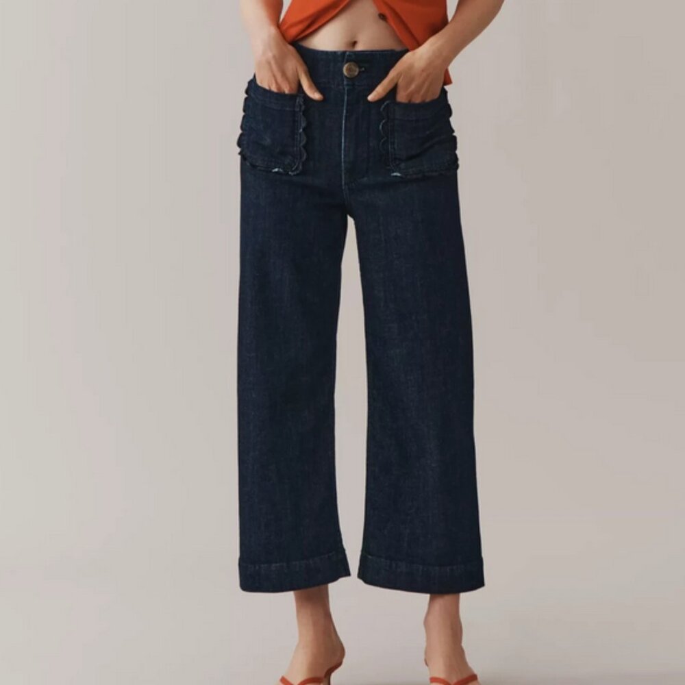 Anthropologie Maeve 24 The Colette Scallop-Pocket Crop Wide-Leg Jeans Dark New - Picture 5 of 7